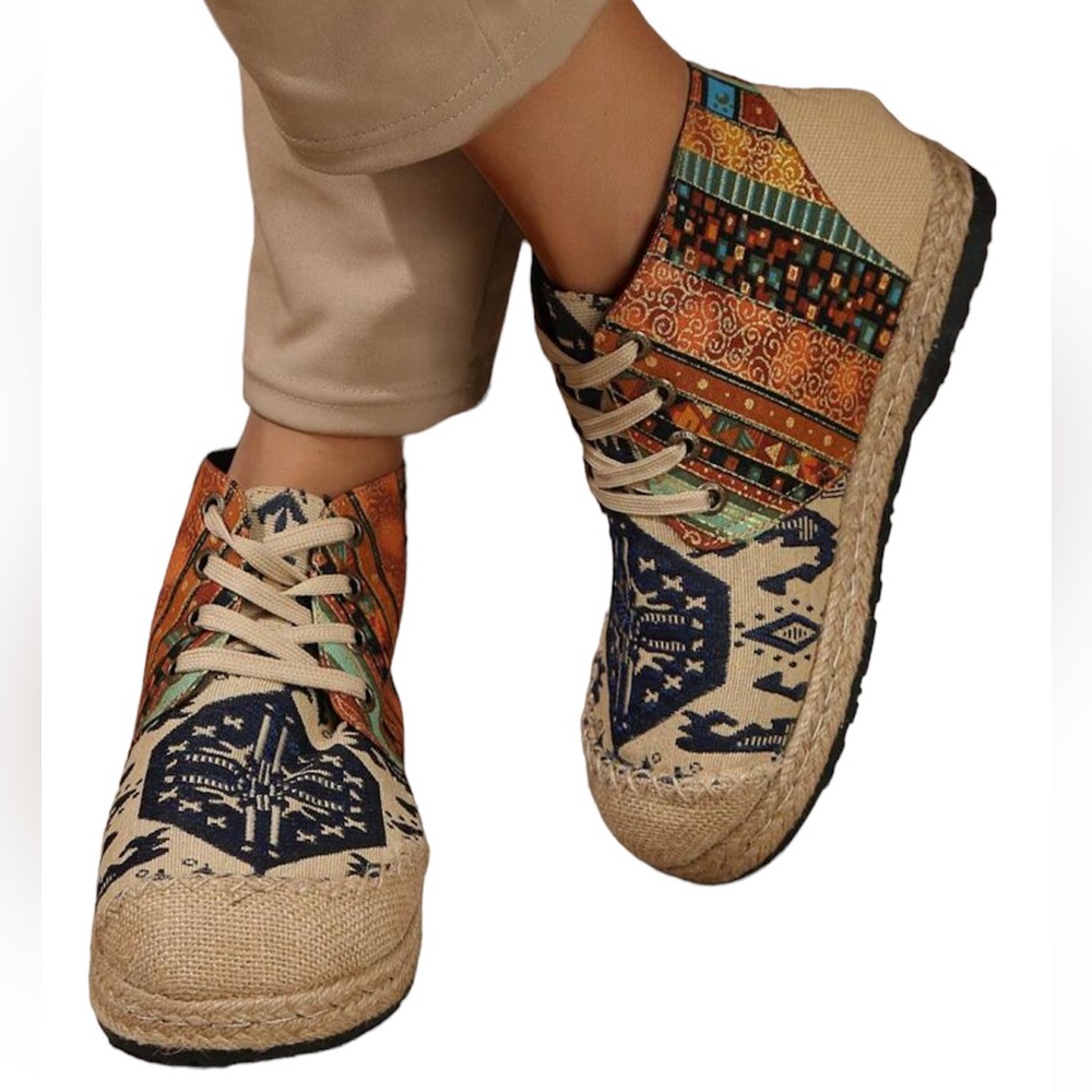 Ankle Booties Hexagon Pattern Bohemian Strap Flat Woven Shoes